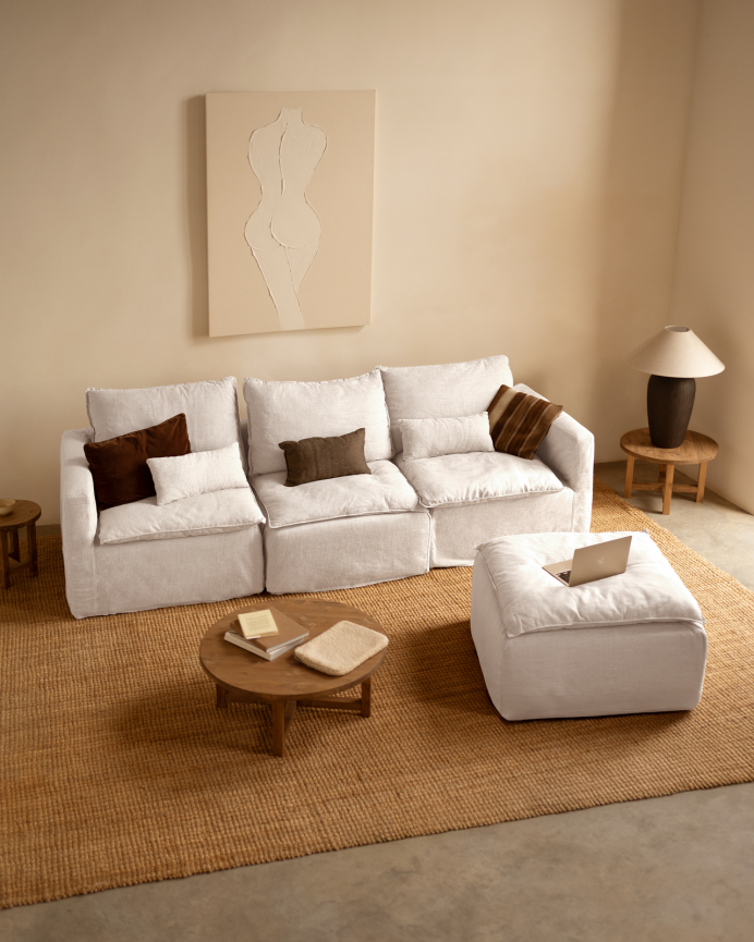 Sofá modular recto de algodón y lino desenfundable tono blanco de 285x96cm