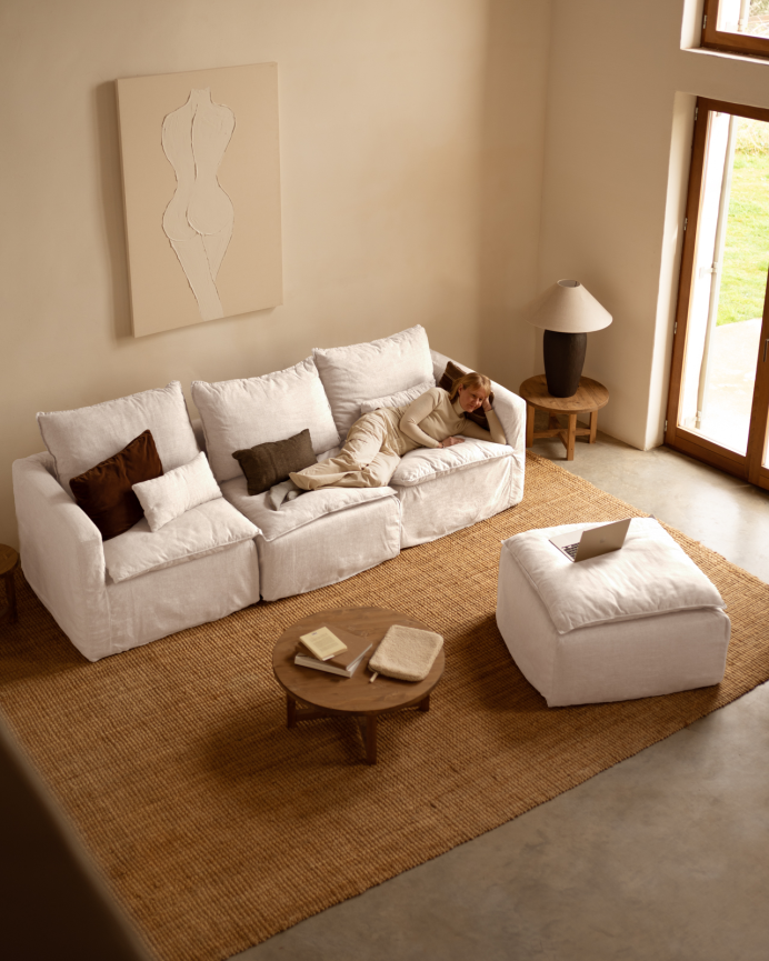 Sofá modular recto de algodón y lino desenfundable tono blanco de 285x96cm