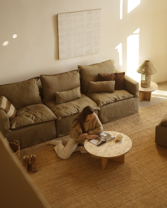 Sofá modular recto de algodón y lino desenfundable tono verde de 285x96cm