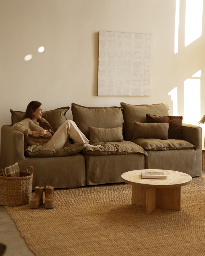 Sofá modular recto de algodón y lino desenfundable tono verde de 285x96cm