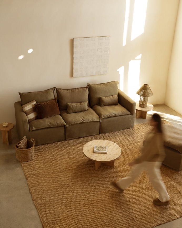 Sofá modular recto de algodón y lino desenfundable tono verde de 285x96cm