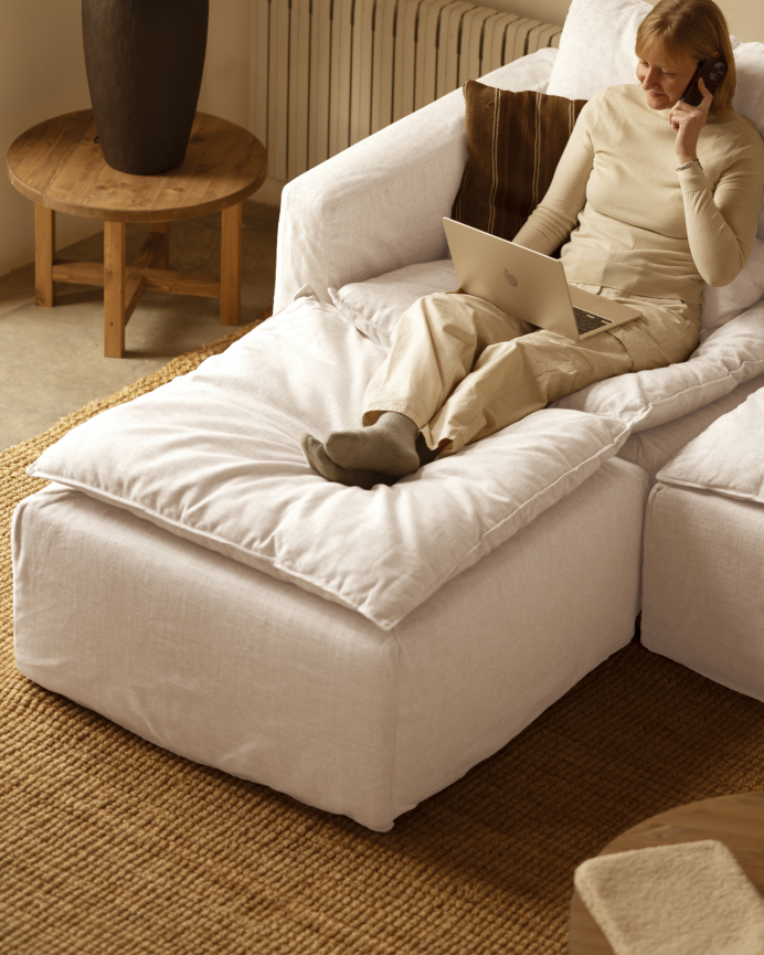 Sofá modular de 3 plazas con chaise longue izquierdo de algodón y lino desenfundable tono blanco de 285x185cm