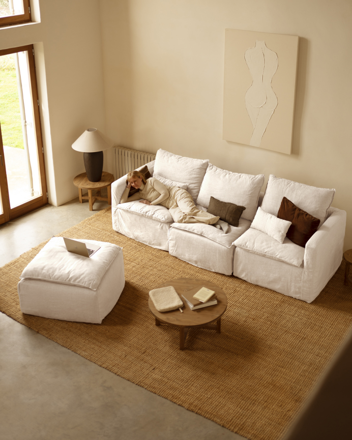 Sofá modular de 3 plazas con chaise longue izquierdo de algodón y lino desenfundable tono blanco de 285x185cm