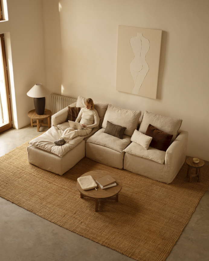 Sofá modular de 3 plazas con chaise longue izquierdo de algodón y lino desenfundable tono beige de 285x185cm
