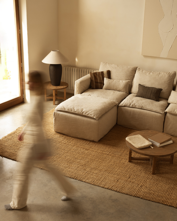 Sofá modular de 3 plazas con chaise longue izquierdo de algodón y lino desenfundable tono beige de 285x185cm