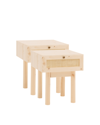Pack de 2 mesitas de noche de madera maciza y rafia con un cajón en tono natural de 40x45cm