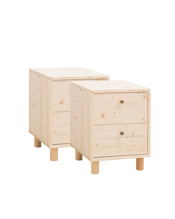 Pack de 2 mesitas de noche de madera maciza con dos cajónes en tono natural de 51x38cm