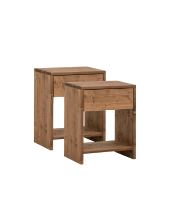 Pack de 2 mesitas de madera maciza con un cajón en tono roble oscuro de varias medidas