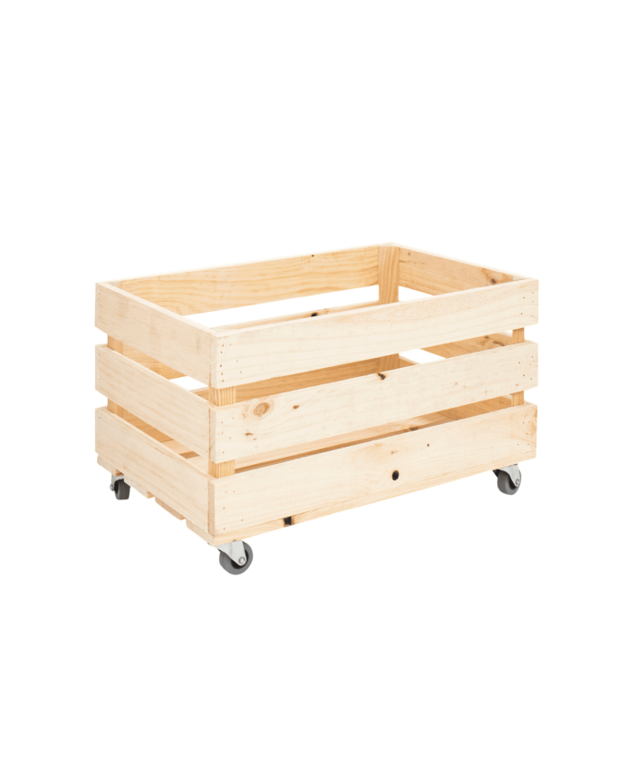 Grande caisse en bois massif ton naturel avec roulettes 49x30,5x25,5 cm