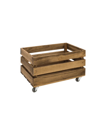 Grande caisse en bois massif ton chêne foncé avec roulettes 30,5x25,5x49 cm