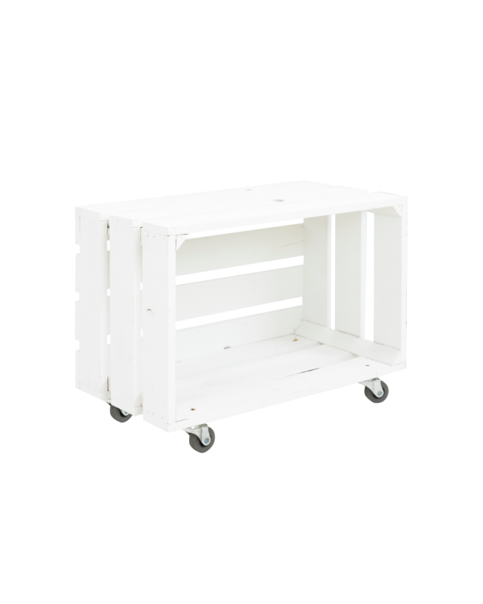 Grande caisse en bois massif blanc à roulettes horizontales 49x25,5x30,5cm