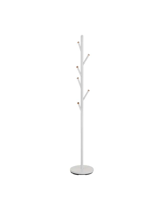 Portemanteau sur pied avec structure en métal blanc et détails en bois naturel
