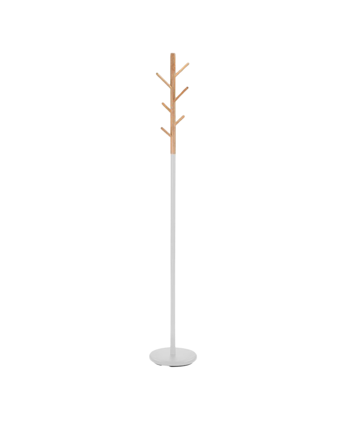 Portemanteau sur pied avec structure en métal blanc et bras en bois ton naturel