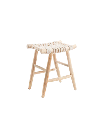 Table basse/tabouret réalisée avec bois de teck et un fauteuilavec une tapisserie en corde naturel 45x45cm