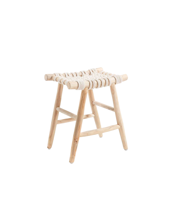 Table basse/tabouret réalisée avec bois de teck et un fauteuilavec une tapisserie en corde naturel 45x45cm
