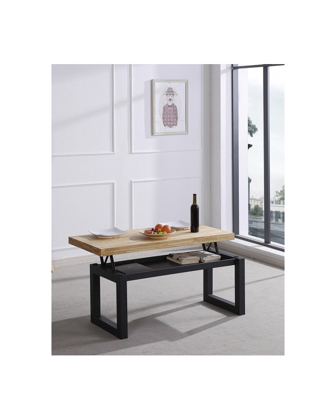 Table basse relevable en bois massif avec pieds en fer noir 43x120cm