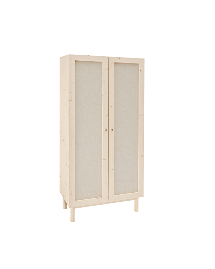 Armoire en bois massif et toile de lin ton naturel, 180x80cm