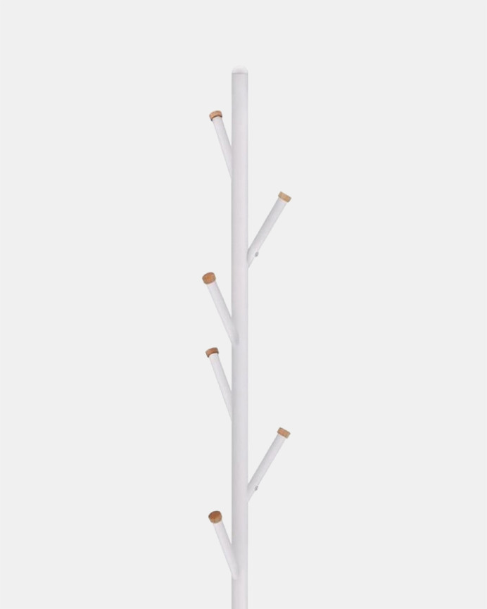 Portemanteau sur pied avec structure en métal blanc et détails en bois naturel