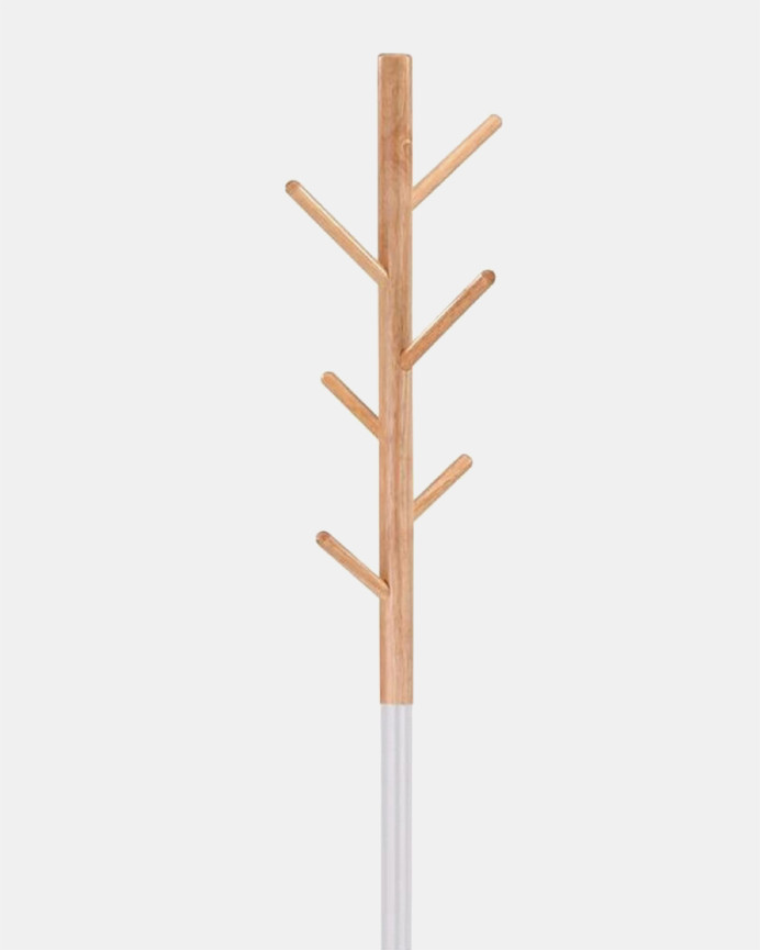 Portemanteau sur pied avec structure en métal blanc et bras en bois ton naturel