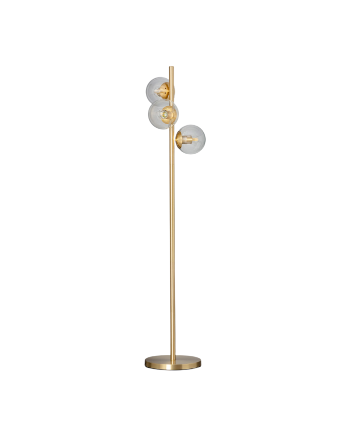 Lampadaire composé d'une base en aluminium doré et de trois sphères en verre transparent