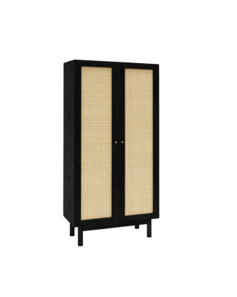 Armoire medulla en bois massif et rotin ton noir 180x80cm