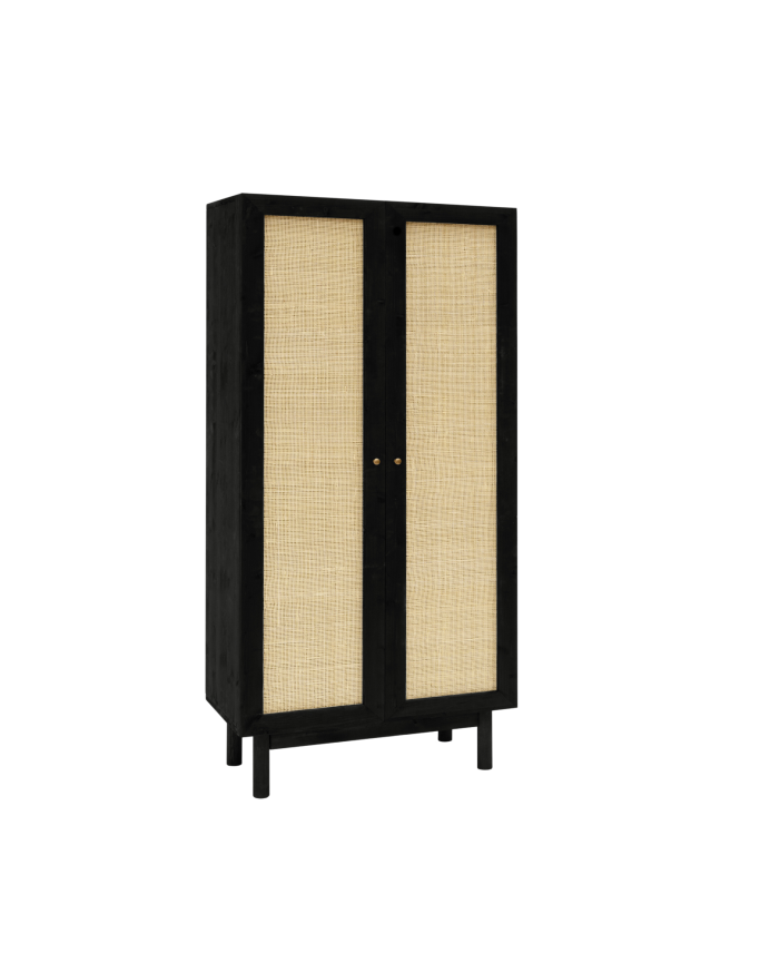 Armoire medulla en bois massif et rotin ton noir 180x80cm
