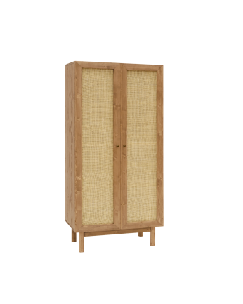 Armoire en bois massif et rotin moelleux ton chêne foncé 180x80cm
