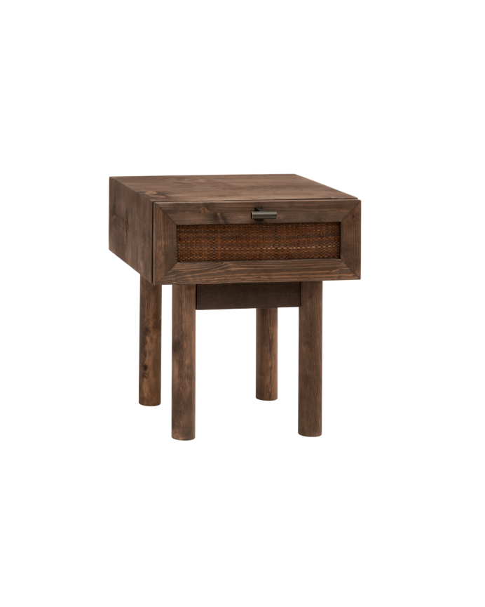 Chevet en bois massif et cannage avec un tiroir ton noyer 40x45cm