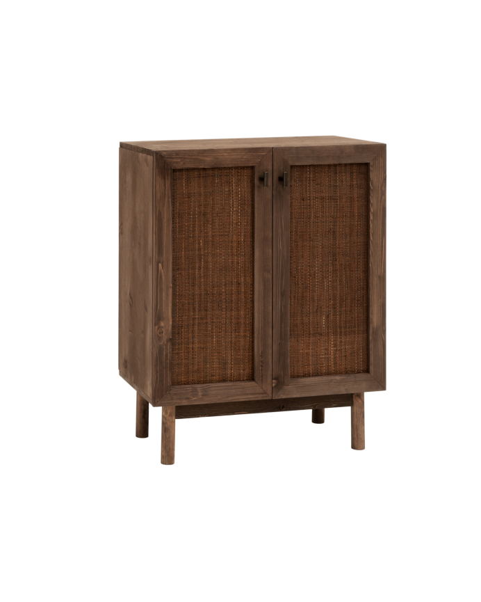 Buffet en bois massif et tissu raphia avec 2 portes ton noyer 100x80cm