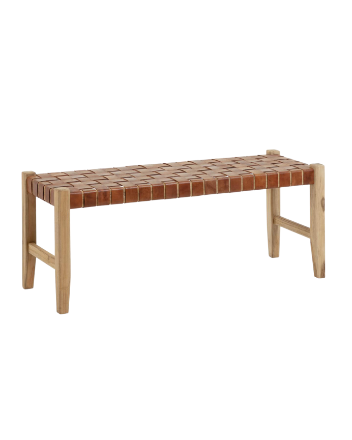 Banc en cuir et bois de teck 47x120cm