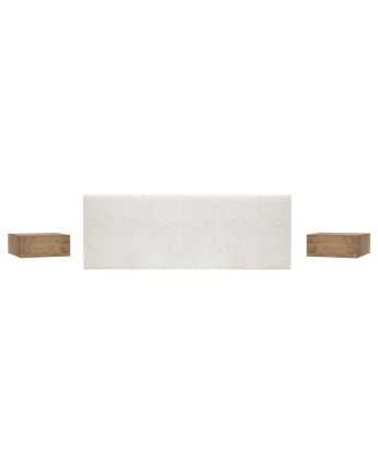 Pack tête de lit rembourrée beige et 2 tables de chevet flottantes en bois massif ton chêne foncé de différentes tailles
