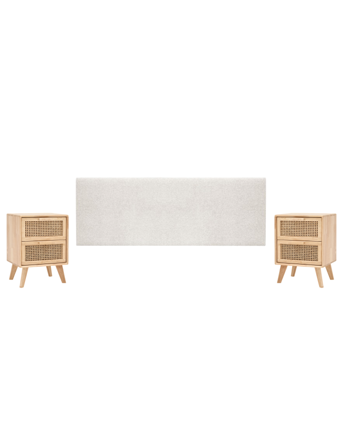 Pack tête de lit rembourrée beige et 2 tables de chevet en bois massif ton naturel en différentes tailles