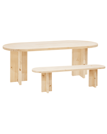Pack table à manger ovale et banc en bois massif ton naturel en différentes tailles