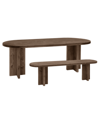 Pack table à manger ovale et banc en bois massif ton noyer en différentes tailles