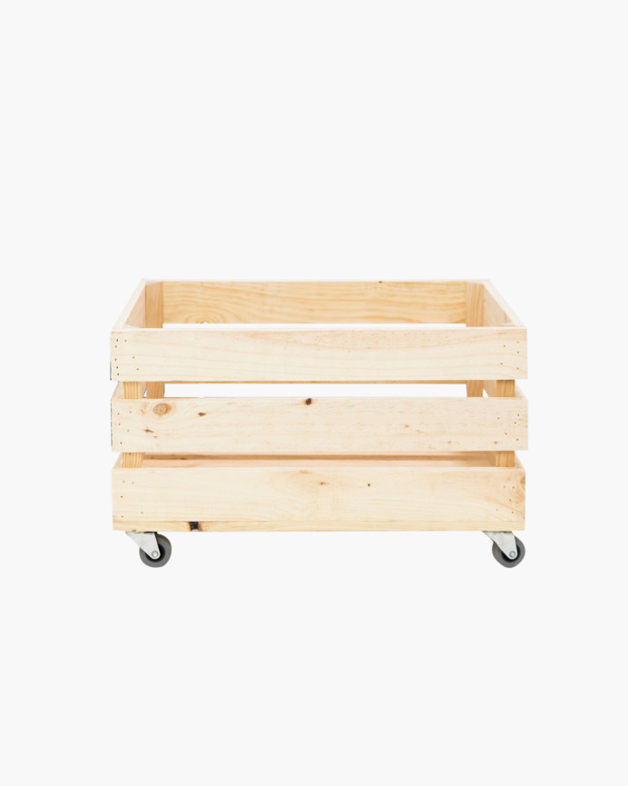 Grande caisse en bois massif ton naturel avec roulettes 49x30,5x25,5 cm