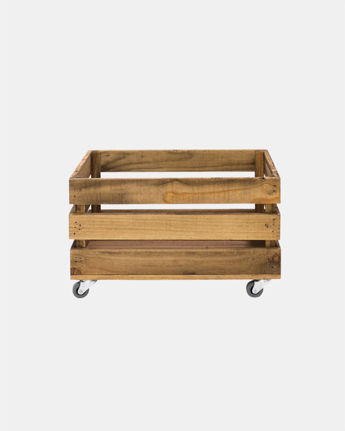 Grande caisse en bois massif ton chêne foncé avec roulettes 30,5x25,5x49 cm