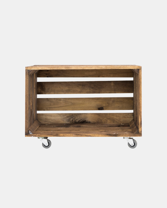 Grande caisse en bois massif ton chêne foncé avec Roulettes Horizontales 49x25.5x30.5cm