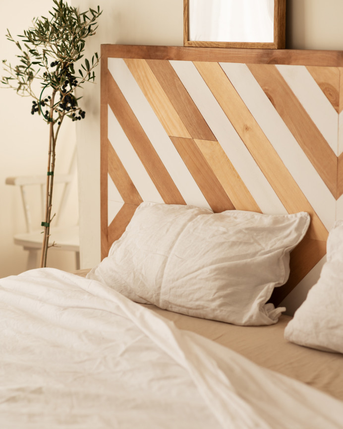 Tête de lit en bois massif dans les tons naturels de chêne foncé et blanc 165x85cm