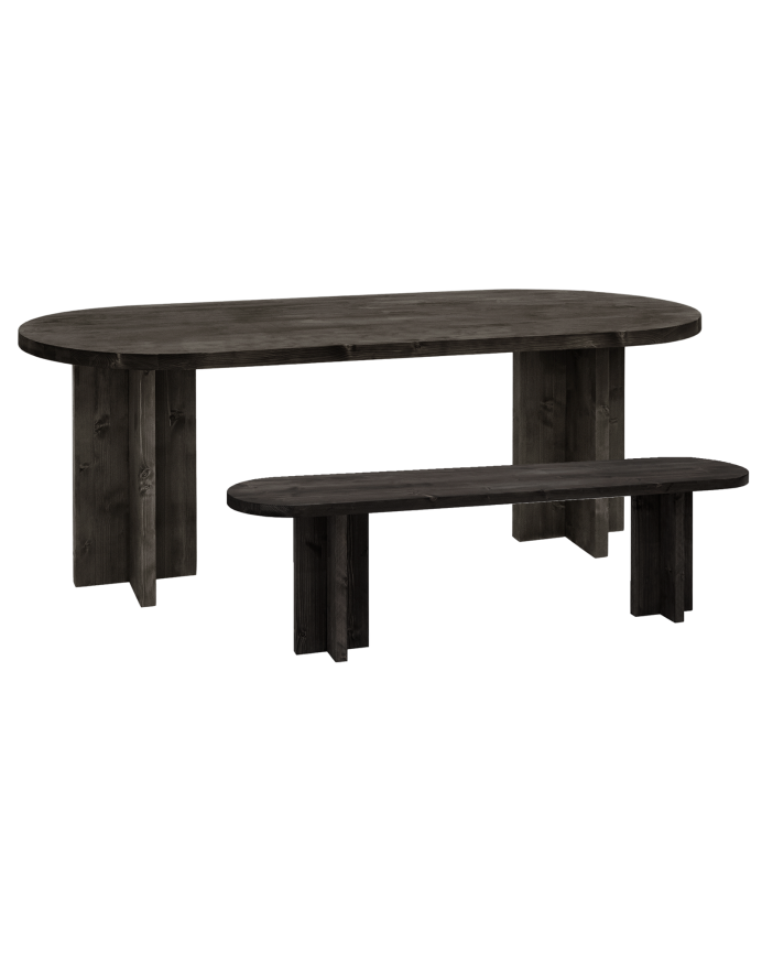 Pack table à manger ovale et banc en bois massif ton noir en différentes tailles