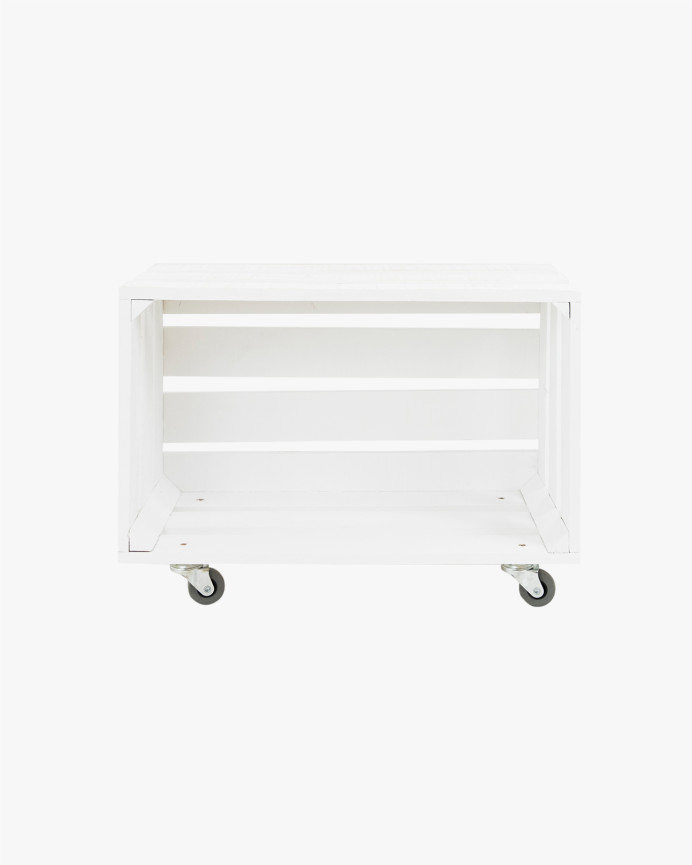 Grande caisse en bois massif blanc à roulettes horizontales 49x25,5x30,5cm