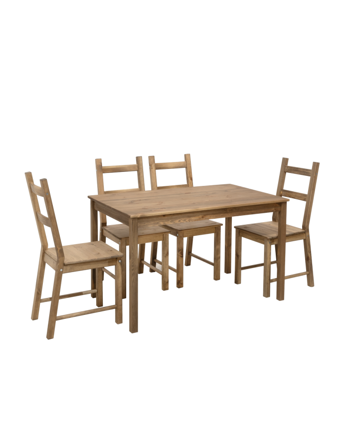 Pack table à manger et 4 chaises en bois massif teinte chêne foncé de 120cm