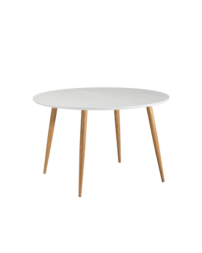 Table de salle à manger à rallonge en bois laqué blanc et pieds en métal 120-160cm Ø