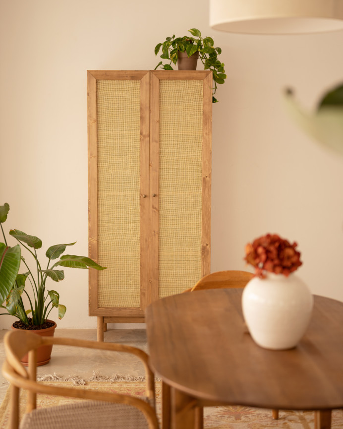 Armoire en bois massif et rotin moelleux ton chêne foncé 180x80cm