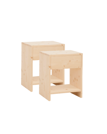 Pack de 2 tables de chevet en bois massif avec un tiroir en ton naturel en différentes tailles