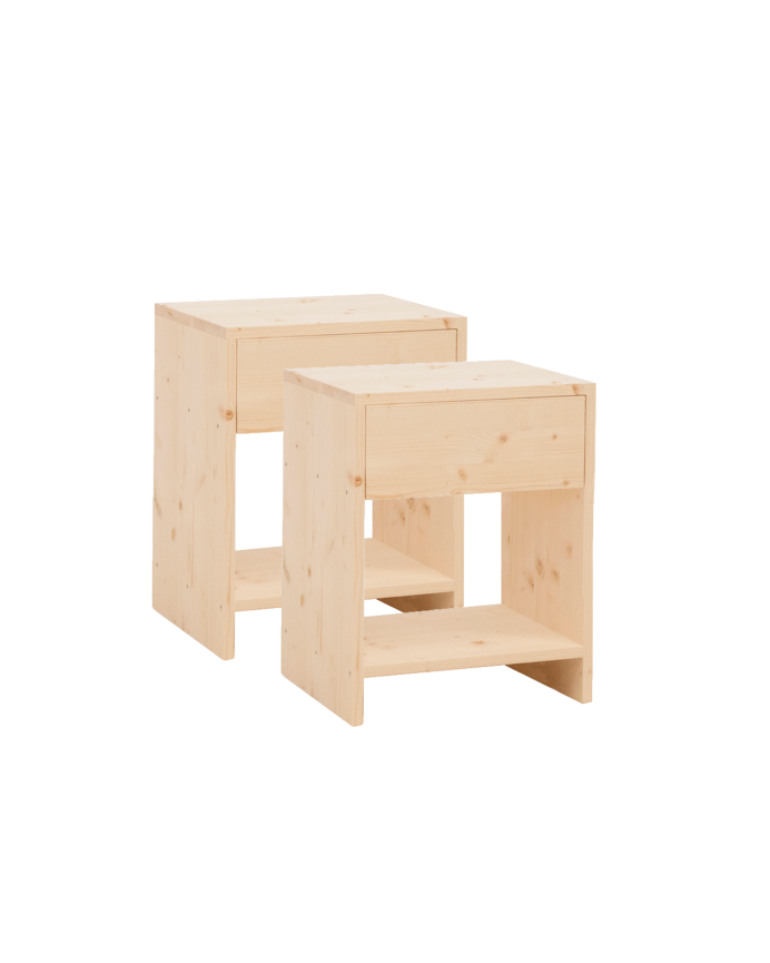 Pack de 2 tables de chevet en bois massif avec un tiroir en ton naturel en différentes tailles