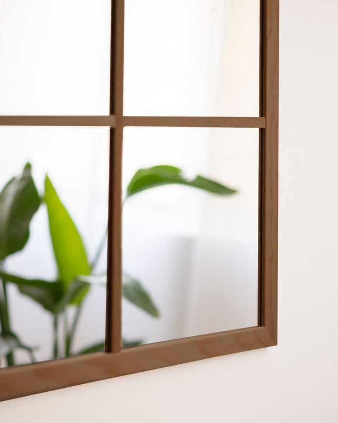 Miroir mural rectangulaire de type fenêtre en bois DM ton chêne foncé 90x60cm