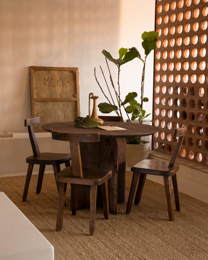 Table à manger ronde en bois massif ton noyer 110cm