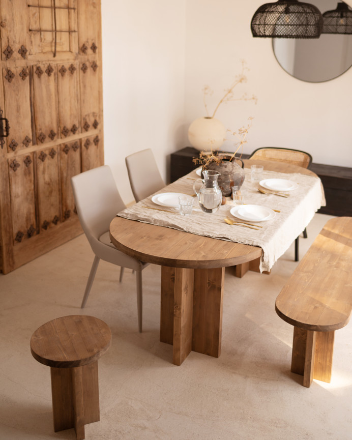 Pack table à manger ovale et banc en bois massif ton chêne foncé en différentes tailles