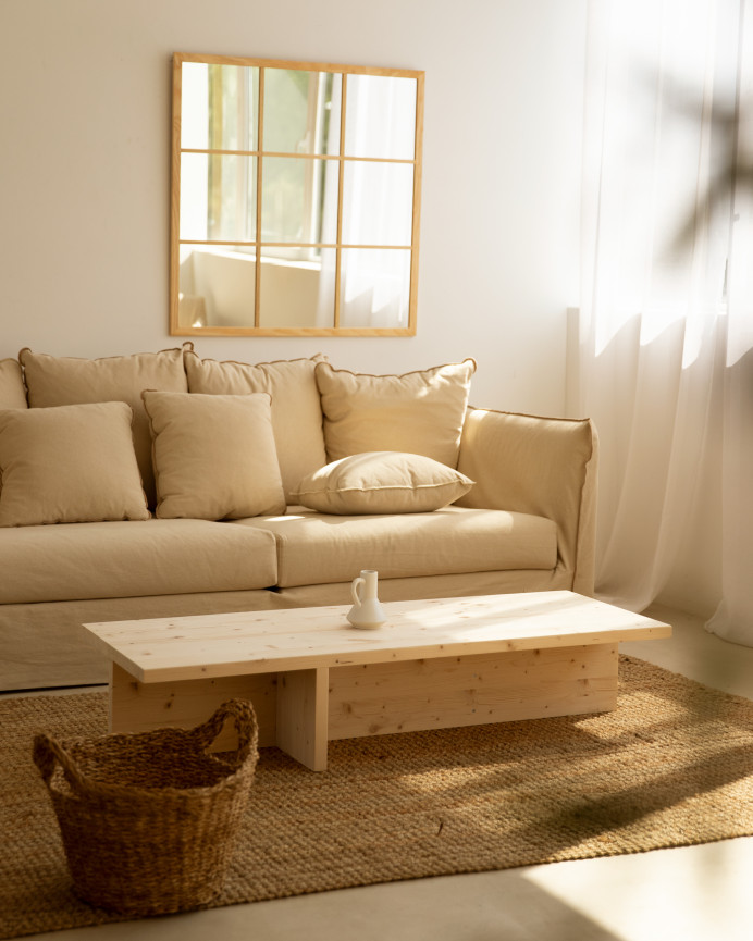 Table basse en bois massif ton naturel 124x27cm
