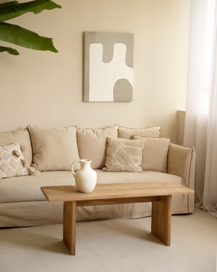 Tableau beige et blanc décoratif sur coton avec cadre en bois peint à la main à la peinture à l'huile en différentes tailles